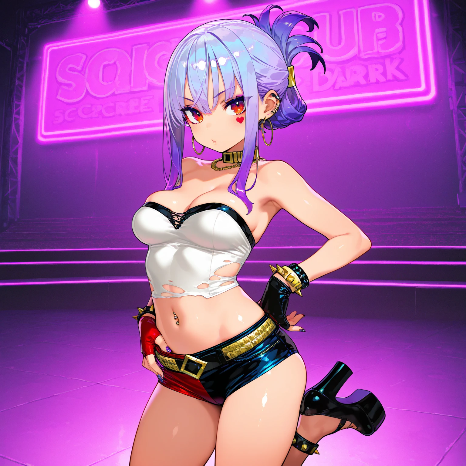 (masutepiece: 1.3), (max resolution: 1.2), (Ultra HDTV: 1.2), cinema lite, Ultra HDTV, (Detailed eyes and skin), (detailed facial features), 8K resolution, Sharp Focus: 1.2, Perfect Style, Beautiful Face, accurate, Anatomically correct, Highly detailed face and skin texture, Detailed eyes, Dark-blue eyes, Double eyelids, Thin eyebrows, (dropped eyes:0.65), (Glitter Eyeliner:1.2), Natural cheeks, (Sweaty skin), (Fair skin:1.2), shiny necklace and earrings, (Glossy lips: 1.4), BREAK, absurderes, One-person viewpoint, (She is Very Cute nightclub staff), (While Wearing a white String micro bikini:1.2), BREAK, (wear a Formal jacket:1.3), BREAK, ((skirt:1.2)), ((showing string panties a liittle:1.2)), (high heels), BREAK, (shy smile:1.2), ((18 years old, A Very Cute and neat girl:1.3)), (Various hairstyle), ((Dark Silver hair:1.4)), Medium Long Hair, BREAK. ((cowboy shot: 1.4)), (looking at viewer:1.2), ((Dancing with breasts sticking out:1.4)), (in the dance floor)), (Focus on breasts:1.6), (From below), (medium large breasts:1.2), cleavage, ((In the super erotic nightclub:1.4)),, BREAK, ((Pink neon lights:1.2)), (((dim lighting:1.3))),
