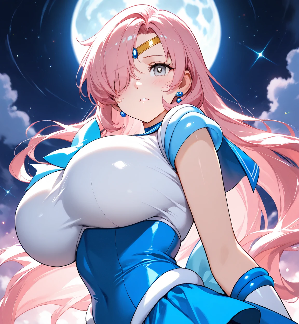 Ample breasts,pretty girl、Pink Hair、Blue Eyes、Blue leotard、Star pattern、Bright atmosphere、smile、High leg、Spreading her legs