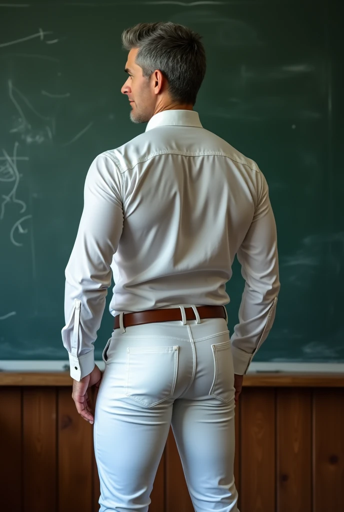 Cody Calafiore, universitario  ,  big muscles, muy nalgon, hombros anchos, big biceps,,  cuerpo completo, Barbas, ultra realistic, full body,   white formal trousers (((backside))) (((Big butt))) writting in a blackboard