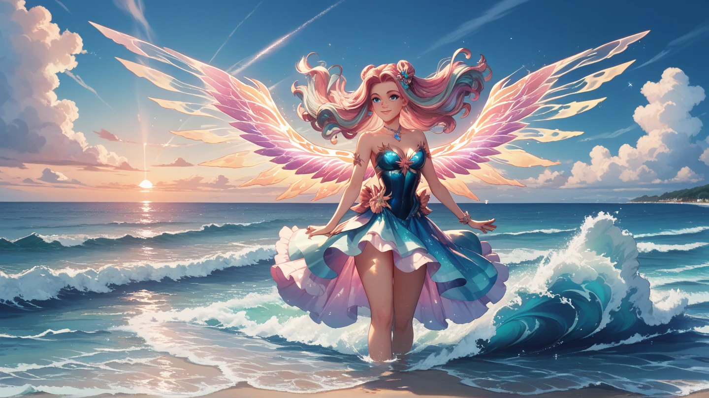 long shot of cute lady fairy with very large beautiful pink-golden gossamer wings, looking at the camera viewed from below, with wavy long blonde hair, parachuting down holding a giant Chinese lantern floating down form a sunny summer day sky to watch the pink sunset, as she lightly touches down in the shallow clear blue foamy surf of an otherwise alien seashore, showing the sandy beach, and toes in the sand and surf, 28k resolution hyper-detailed, photorealistic Kurosawa.