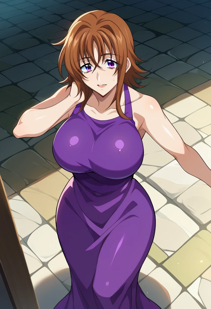 Nami from One Piece, orange  hair, beautiful brown eyes, ((wearing purple party dress))sexy boobs, lewd pose ,full body, arms behind back, (wedding hall background) (flowers in background) (best quality, 4k, 8k, highres, masterpiece:1.2), ultra-detailed, and (realistic, photorealistic,  HDR, UHD, studio lighting, ultra-fine painting, sharp focus,nami face, nami eye