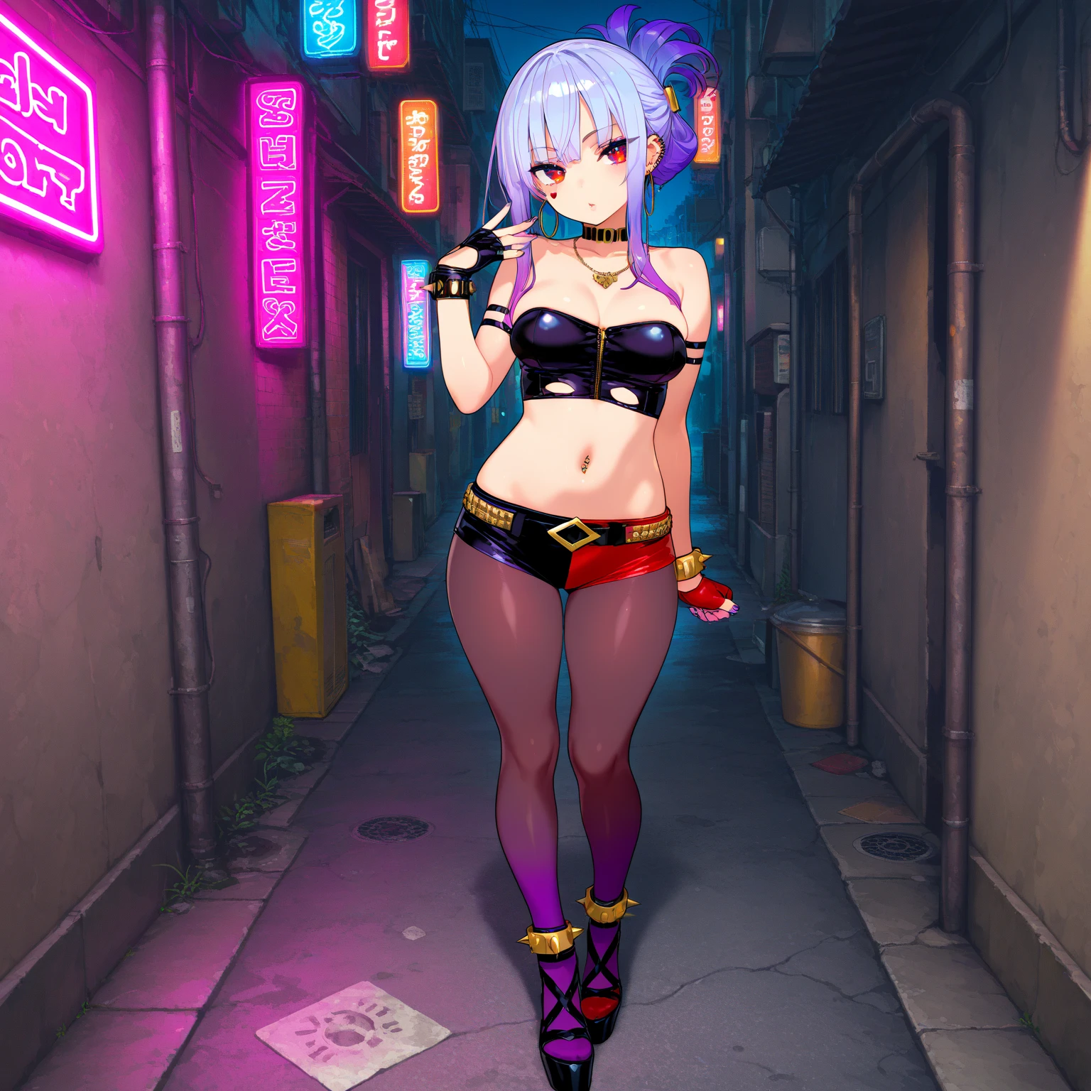 Arrested female criminal with cuffed hands with silver pigtails in bikini and wedge sandals, anime, ((handcuffs))