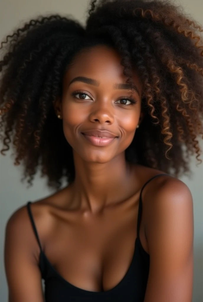 une jeune femme métisse de 22 ans incroyablement belle, avec une peau chaude couleur caramel, des yeux légerement gris détaillés, et des lèvres pleines avec une teinte rosée naturelle. Son visage est ovale avec des pommettes hautes, et elle a un menton gracieux, légèrement pointu. Ses cheveux sont une cascade de boucles volumineuses  d'un riche brun foncé avec de subtiles mèches dorées, tombant sur ses épaules, sans passer devant son visage. Ses sourcils sont bien définis, légèrement arqués, et son expression est calme et confiante. Elle porte un maquillage léger qui met en valeur sa beauté naturelle, avec une douce lueur sur ses joues et une touche de mascara pour accentuer ses yeux. Elle est dans un studio avec un fond clair, vêtue d'un haut noir. Pose frontale, Expression sérieuse. Éclairage avant, mettant en évidence les ombres et les textures du visage. Appareil photo moyen format avec 100 mm f/2.8 lentilles/2.8, Résolution UHD 16K, style de portrait émotionnel, avec un accent sur les détails du visage