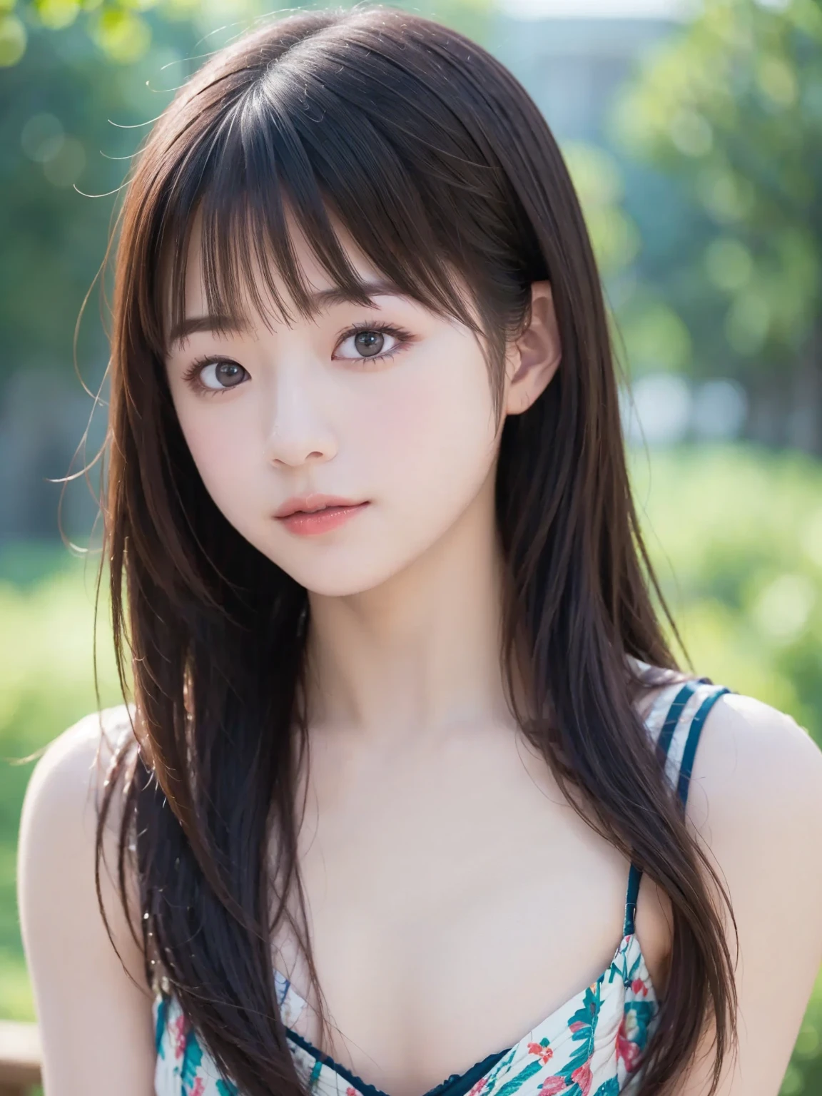 masutepiece, Best Quality, 8K, 8ars old, Teen, Raw photo, absurderes, award winning portrait, Smile, Solo, Idol face, Delicate girl, Upper body, Digital SLR, Looking at Viewer, Candid, Sophisticated,Thin arms, Professional Lighting, Film grain, chromatic abberation, (Eyes and faces with detailed:1.0), (Bokeh:1.1) , (OL Uniform:1.1) , closes mouth , A dark-haired , drooing eyes , large size breasts ,(red-lips , Thick lip:1.1) , de pele branca , 15ear face