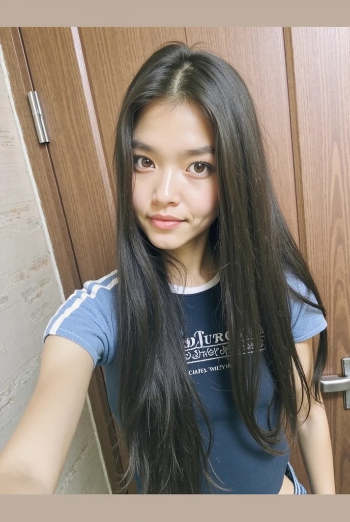 Young 12 year old Asian boy, dark Brown hair, messy medium hair, white shirt, dark bedroom room,cute,selfie,hot,