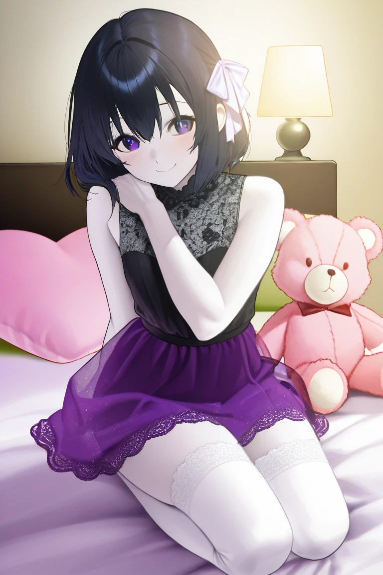 anime screencap, 1 girl, solo, smile, short hair, black hair, purple eyes, hair between eyes, bare shoulders, bare neck, standing, black dress, strapless tube dress, smile, bare arms, bare shoulders, hair between eyes, lovely legs, facing viewer, bracelets, looking at viewer, lying in bed, bed sheet, frilled pillow, frills, heart pillow, pinup,