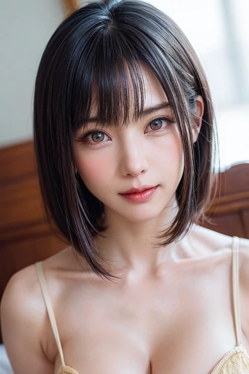 (table top, highest quality、ultra high resolution、face focus focus、focus on the sides、navel focus、decolletage focus、very attractive beauty、Adds intense highlights to the eyes、look closely at the camera:1.4、Absolutely beautiful bangs:1.4、Brunette short bob hair with bangs:1.4),1 girl, Report, black haired, realistic, looking at the viewer, pale black eyes, short hair, lips, lip gloss, Upper body、Big eyes、eyelash)、((italian natural background、hyper real stick:1.4))、((short hair with bangs:1.4、Beautiful bangs with 46 points:1.4、{Huge|big|Hugeな|mega} chest:2, cleavage:2、Big eyes、Give your students very powerful highlights、very bigger chest、look at the audience、very beautiful beauty、show me your ears、beautiful long neck、beautiful decollete、smile、A smilee　beautiful teeth、Open your mouth and smilee))、28 years old、very cute super model、perfect anatomy