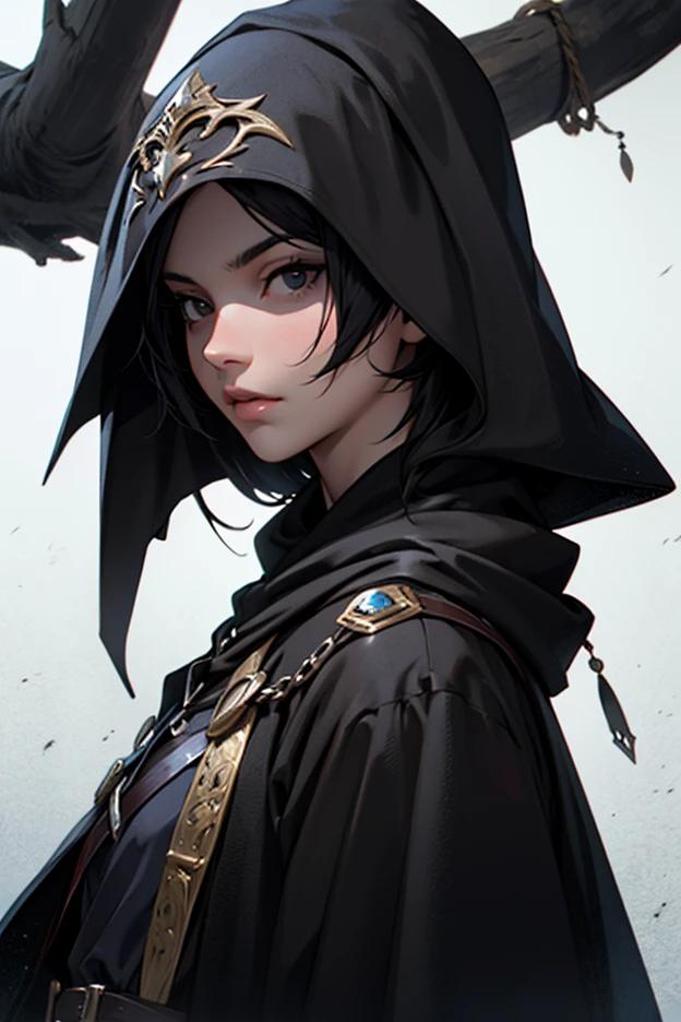 (absurderes, hight resolution, ultra-detailliert), 1 male, Adult, Handsome, High muscular face, broad shoulders, finely detailed eyes, Short black hair, Brown eyes, Black cloak, Wearing a hood, Leather Vest, Leather bag at waist....................................., 2 daggers on the belt, castle, Medieval atmosphere, Natural Light and Shadow, Bright particles fly around a person, Fantastic, Mysterious, Bright glow, Seated Pose, Serious expression, Cold, thoughtful, Mouth Shut