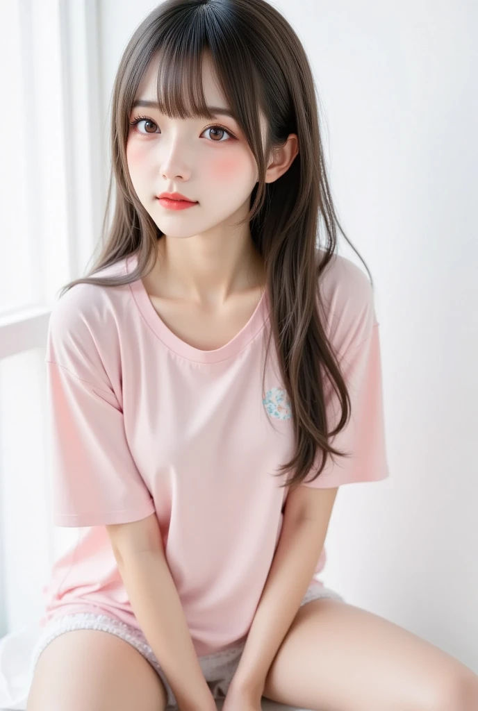(Realistic:1.4), RAW Photos, masterpiece,(Upper thigh:1.5, From the side:1.1), (Bokeh:1.4), (Suite Room),bedroom, 1 Japanese girl, cute, (alone:1.6), (Iris:1.2), Smooth Skin, (Brown medium hair,bangs), (Touching your hair:1.4),Nogizaka,Inside the room,Fashionable clothes、Full Body Lesbian:1.3、Flexible fingers、Tabletop, Highest quality, 1 Girl,18歳のcute女の子,
Very detailed, finely, High resolution, In 8K,
((Photorealistic:1.4, RAW Photos, 超High resolution,Best image quality: 1.4)),
wallpaper, 
((Perfect body composition 1.5)), 
Beautiful and beautiful eyes, Natural color lip,
((Expressionless:1.5)),
((ランダムなcuteヘアスタイル)), 
((Small breasts:1.2)),
((from the front:1.5)),
((Use your brain、Under the eyes、Use your brain,))
((Randomly blurred background)),
((ランダムでcute表現)),, 
Very detailedでプロフェッショナルな照明、
Perfect dynamic composition, Beautiful and beautiful eyes, ((Long pink T-shirt:1.6)),((mini skirt:1,5))((White panties that can be seen glimpsed:1.6)),((sexy shot looking at camera))