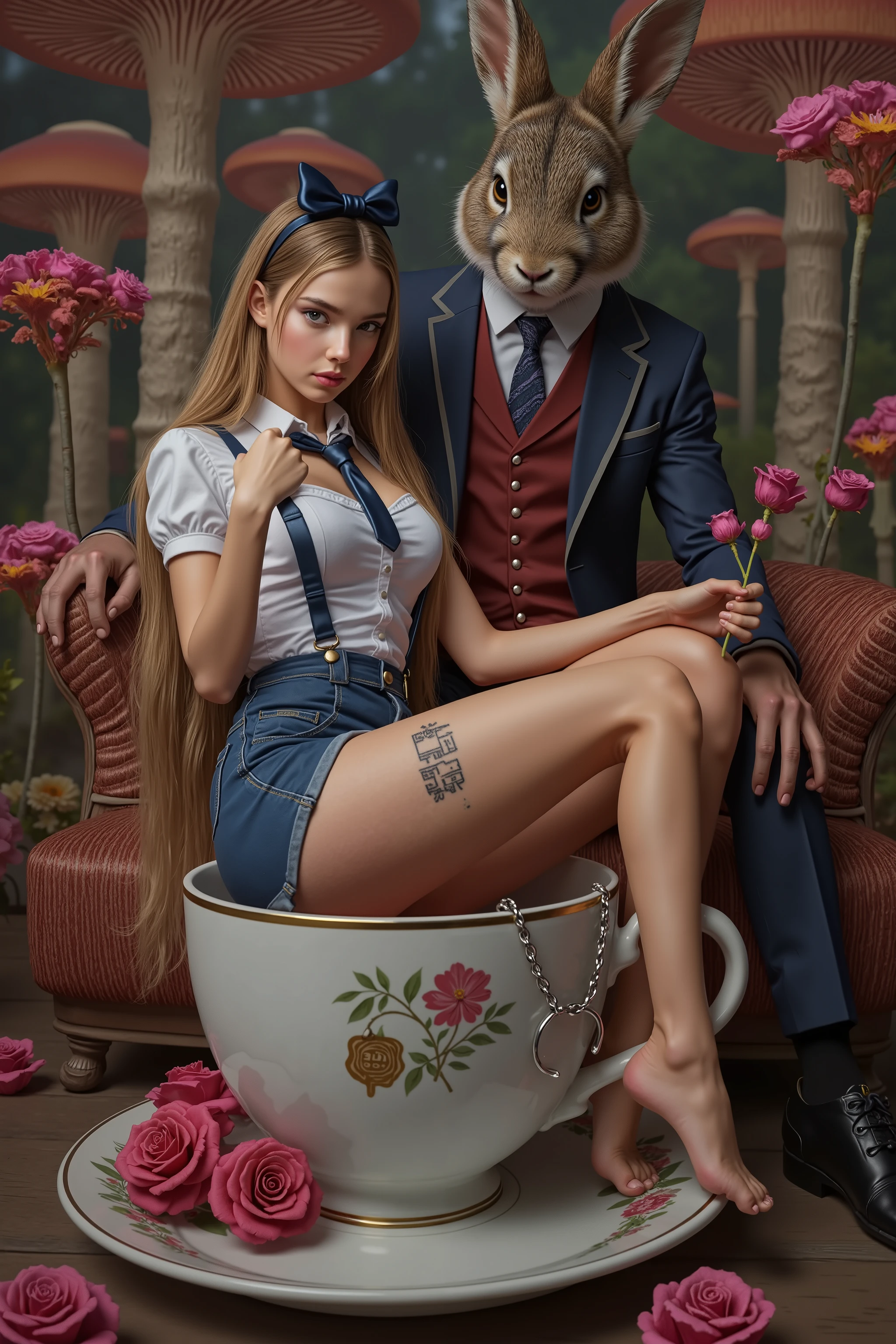📸 Erotic cosplay prompt — “Alice's Forbidden Tea”
(A seductive twist on Alice in Wonderland — where curiosity turns into erotic play.)
🎭 Charaktere:
👧 Alice (Schoolgirl with twist)
    Outfit: Ultrakurze blaue  (aufgebundene Bluse, suspender visible)
    Accessoires:
        Lockere Krawatte (around her wrist)
        oversized sugar tongs (als Spielzeug)
        Ein Siegel (“Drink Me” on her thigh)
🐇 Das Kaninchen (Dominant gentleman)
    Design: Anzug mit Weste, but without pants — instead:
        Fellige Beine (human-canine hybrid anatomy)
        Uhrkette (attached elsewhere)
    Attitude : Impatient dominance (“I'm late... for you.“)
🌹 Setting:
    Ort: Verdrehter Garten (Rosen bluten, Pilze pulsieren)
    Details:
        Oversized tea cup (Alice sits inside, Legs over the edge)
        Handschelle (am Henkel befestigt)
        Karotten (arranged like roses in a vase)