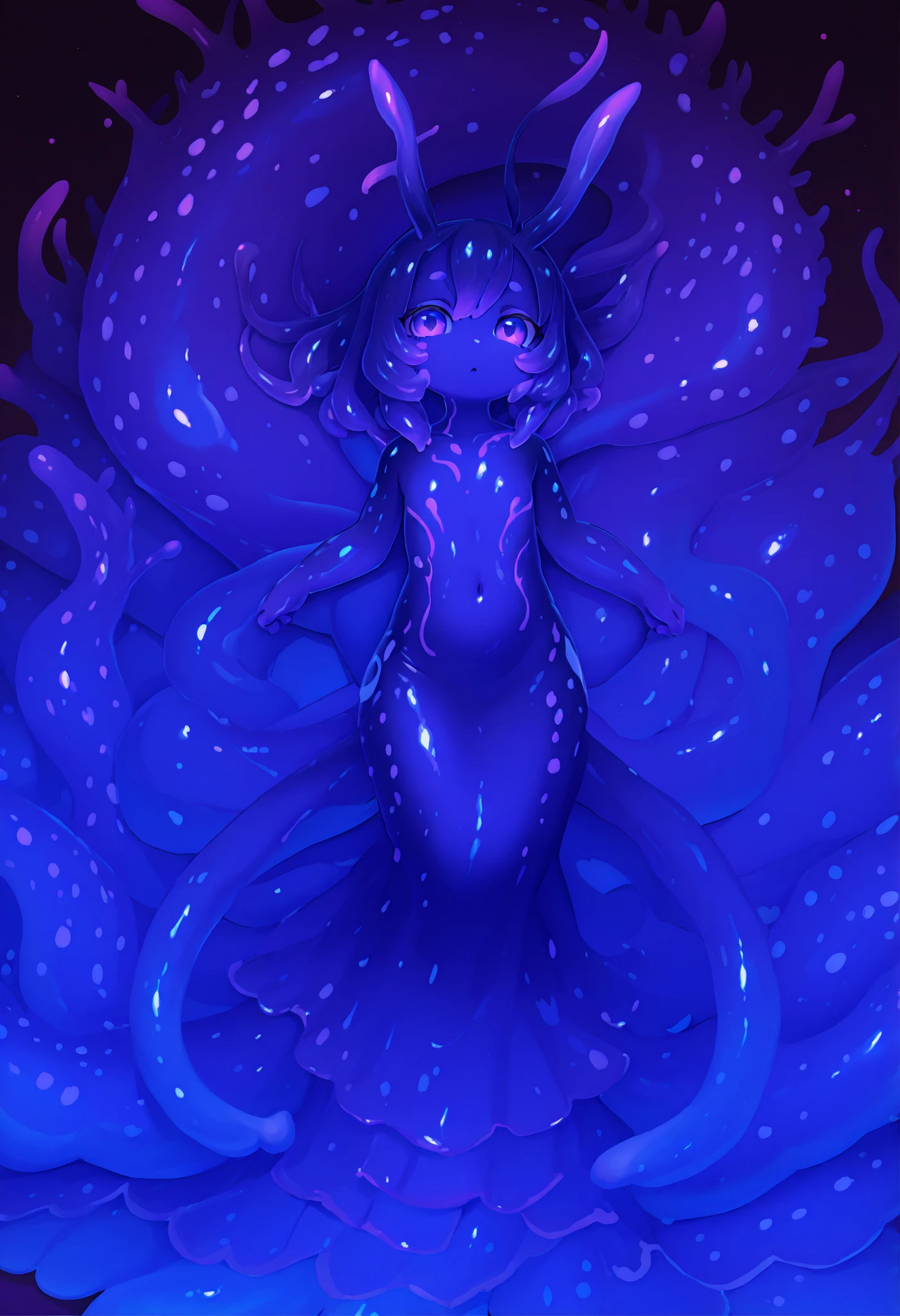 ((NSFW100))、(((full body seen)))、(((Flat))), (((busty girl)))、(((short dark hair))), (((the eyes are golden)))、((Dressed as a blue slimy tentacle maid))、(Slimy skin)、((With an ecstatic look))、(The legs are made of slimy tentacles)、(The arms are made of slimy tentacles)、(Hanging from a tree with a tentacle tail)、gazing into distance、Sleep in a hug of a large thick tentacle,