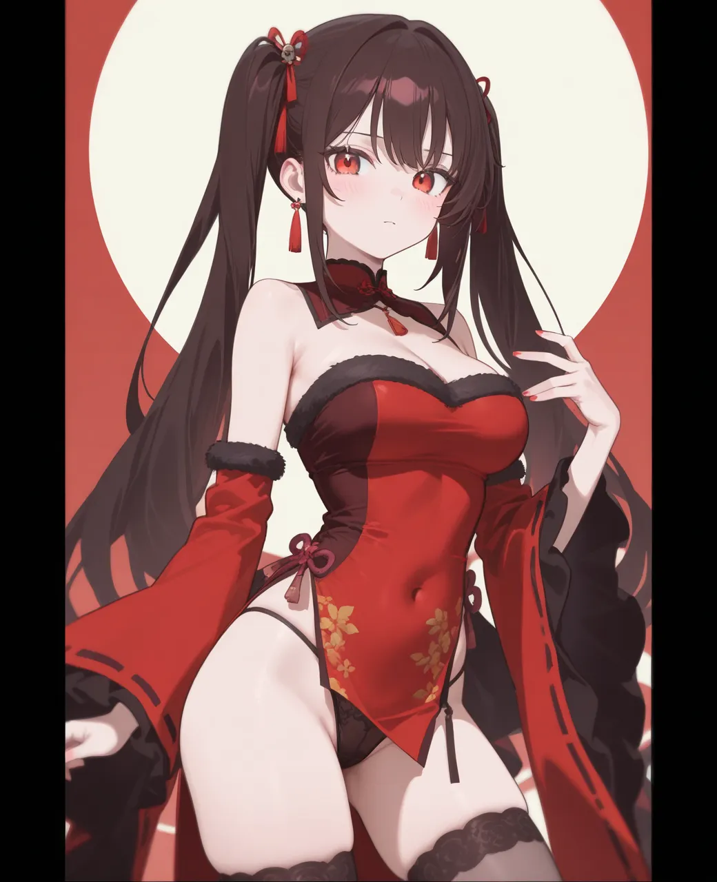 anime girl with long hair sitting on a chair in front of a red and yellow background, an anime drawing inspired by Sengai, pixiv contest winner, rasquache, the anime girl is crouching, beautiful anime girl squatting, seductive anime girl, ikki tousen, anime goddess, ecchi anime style, highschool dxd, anime moe artstyle