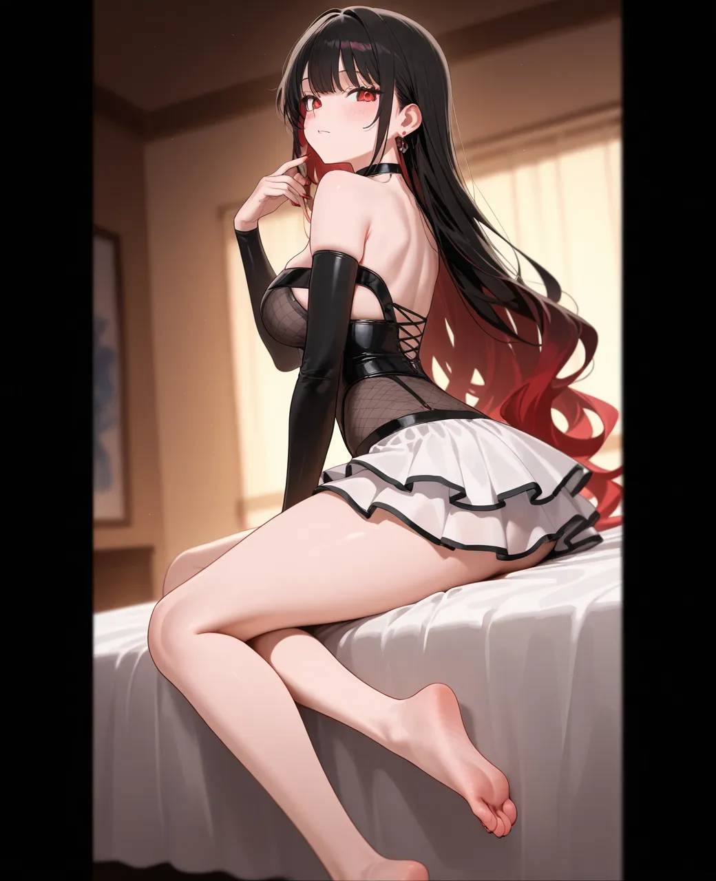 high tail hairstyle, Ponytail hairstyle, Long wavy black hair, standing posing, anime girl style, pixel art anime style,penetrating look with deep eyes,red and purple eyes, hair with a ponytail hairstyle trapped with a big red bun, women, red hair clips, x color shaped hair clips , smiling face blush, next to his bed, lingerie, tank top, Black hair, mini skirt, big thighs,