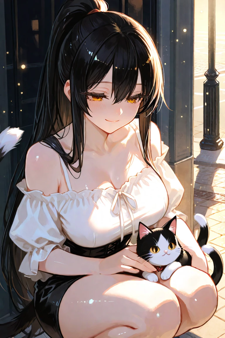 holding a cat, Cleavage、upper body、(pale skin: 1.2), shiny skin, shiny hair、(A 25-year-old woman with medium-length hair and bangs) and (wavy hair) and (brown hair) and (orange eyes) , (white) and (off shoulder dress) 、opne mouth, (smile:1.2), The background is the interior of a cafe、Alone、Sitting