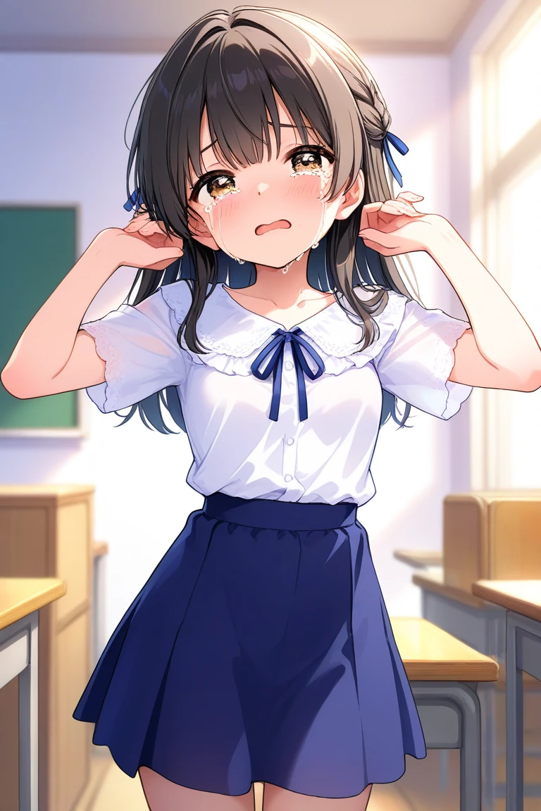 bluearchivehifumi, hifumi, brown hair, hair between eyes, hair bow, hair ribbon, halo, long hair, low twintails, sidelocks, twintails, wing hair ornament, (brown eyes:1.5), (flat chest:1.),
BREAK black pantyhose, black skirt, long sleeves, pantyhose, pleated skirt, ribbon, , serafuku, skirt,
BREAK looking at viewer,
BREAK indoors, classroom,
BREAK (masterpiece:1.2), best quality, high resolution, unity 8k wallpaper, (illustration:0.8), (beautiful detailed eyes:1.6), extremely detailed face, perfect lighting, extremely detailed CG, (perfect hands, perfect anatomy),