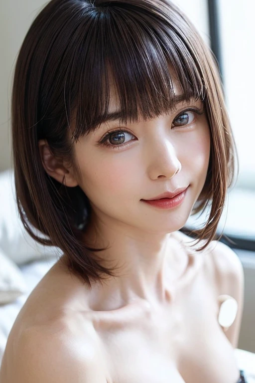 highest quality, Realistic, 8K, High resolution, 1 Girl, woman, (Skin dents), (Portraiture:0.6), nice, ((White Background, naked, Small breasts:1.65)), (Short brown hair, Parted bangs:1.4), Watching the audience, (1 Girl eyes Watching the audience:1.6), Realistic, (Bokeh), (Closed Mouth, smile:1.3), nice, Purelos Face_V1:1,