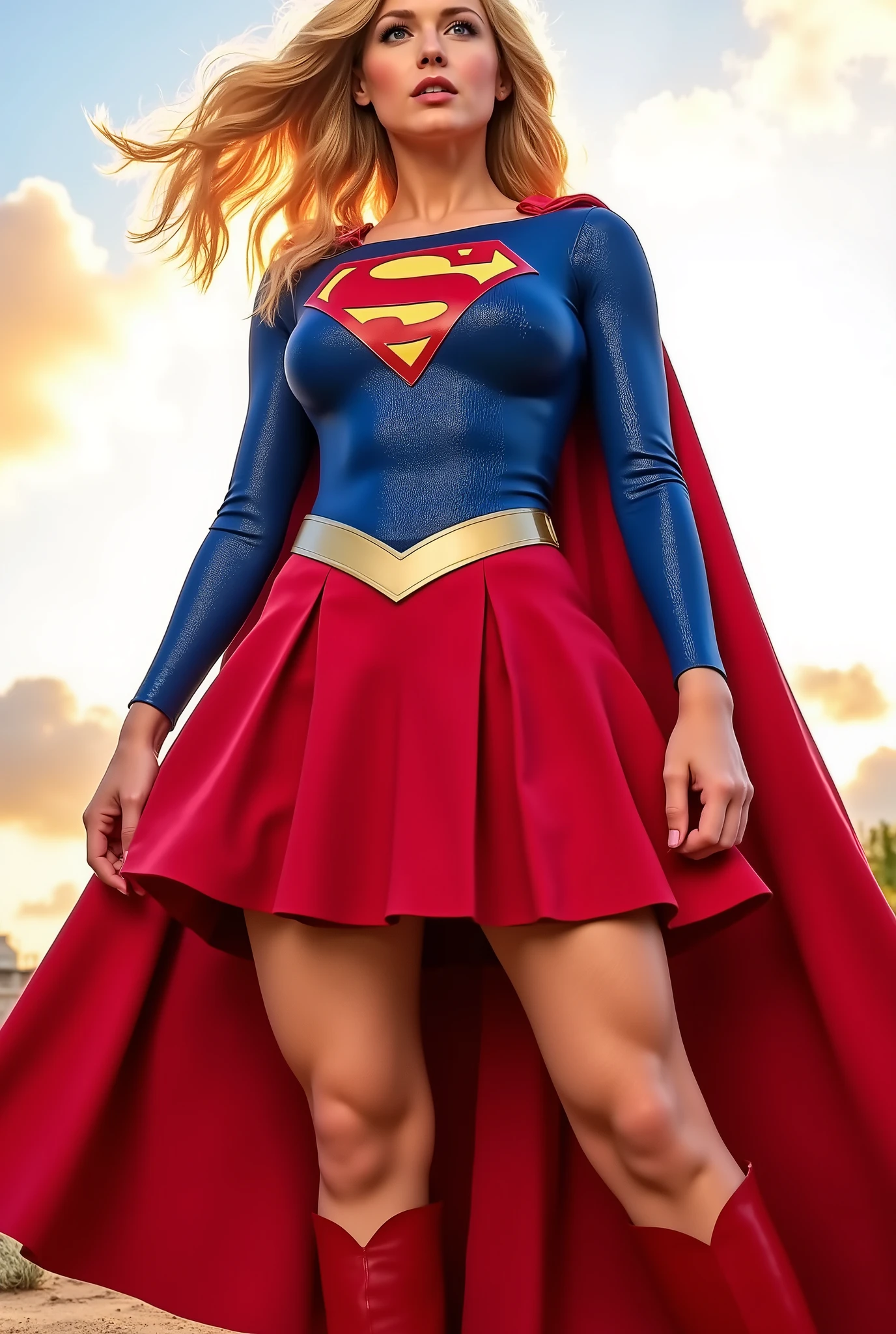 “PHOTO-realistic 8K QLED AI IMAGE of Helen Slater as Supergirl from the 1984 movie. She stands heroically, full-body view, wearing the iconic retro Supergirl costume: a deep blue 1970 spandex top with long sleeves that stretches due to her absurdly large bust, a vibrant red pleated skirt, glossy red knee-high boots, and a flowing crimson cape catching the wind. The gold belt and polished red-and-yellow 'S' emblem on her chest gleam under cinematic lighting. Her golden-blonde hair is voluminous and windswept, glowing softly in the sunlight. Her expression is confident and serene, blue eyes sparkling. Scene is lit with high-contrast natural light, highlighting fabric textures, facial pores, and costume sheen. Background features a softly glowing sky, giving the shot a nostalgic, heroic feel. Color palette is vivid and punchy, with lifelike reflections and deep blacks, replicating QLED clarity.” extremely busty.