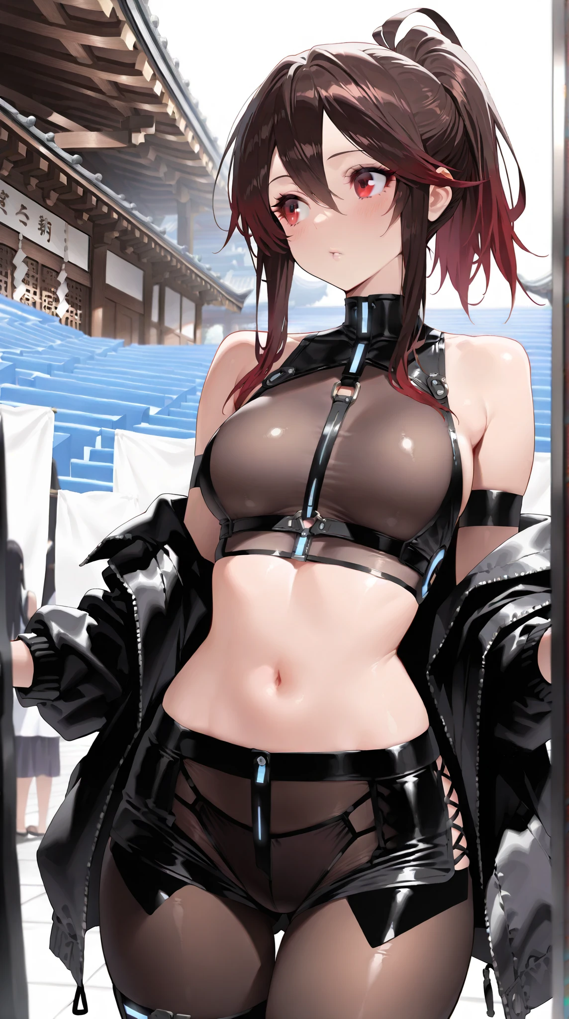 master part, best quality, alto, short hair, Crescer ,olhos azuis, corando , Sister, cabelo rosa, pink hair shovels, black gloves on hands ,thigh strap, micro bikini, cowboy shot, sentado, sentado ,sexy, ??????, sensual, corpo inteiro,