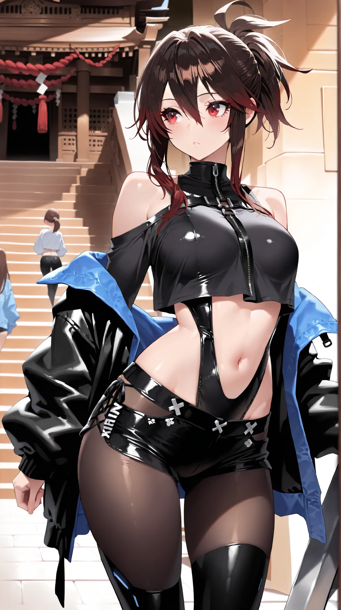 1 Girl, City,rest zozo-nosiro,Oni's Corner,Black Hair,black eyes, Long hair, Ponytail, Black bikini,Black jacket, boots, bracelet,Black Enamel Pants,period, rest smile,sitting, rest, (dark light:1.2),(Ultra extreme detailed),(peace master:0.5),(Ultra extreme),(Reality),Game CG,illustration,novel iillustration,Beautiful Lights,Light ahead,