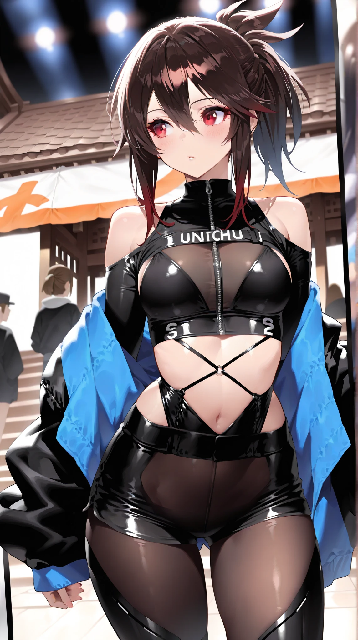 top-quality、extremely delicate and beautiful、femele、（blue robe）、A dark-haired、（greeneye）、Black Bikini、Black bikini on lower body、poneyTail、is standing