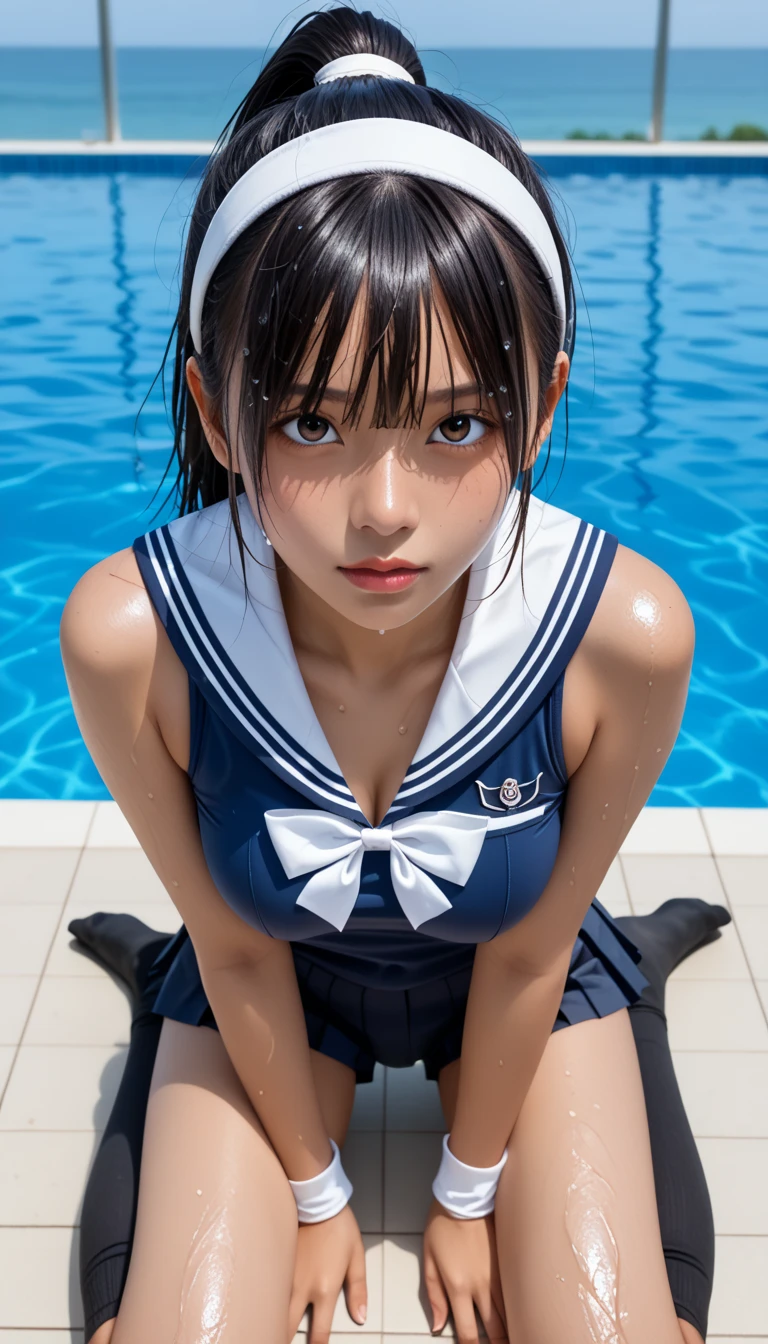wet、masterpiece 、 Top Quality 、 super high definition、 realistic、 beautiful lighting arranged in an orderly manner、 RAW photo 、4K Ultra HD、 very detailed face holding chopsticks on it、 has a clear face、detailed eyes、 beautiful eyes、1080P、 tanned dark skin 、 black hair, wet hair、 short bob cut , bangs、 ponytail、 excited 、 skinny young gravure idol with legs closed and stretched、 ecstatic face、 white headband 、 white gloves、(((Company Small Breasts、 tight breasts)))、((( wet hair ))),(((scene:There is a beautiful scene floating in the background.、 blue sky))),(((wet Japanese 、 navy sailor color 、 Wear 、 wet pleated skirt 、 black knee socks、 wears black shorts )))、wearing school pool clothes 、(( A Japanese elementary school girlsuit is kneeling in a shallow pond 、 brings her face close while staring at the audience)) break ((( EXTREME FACE UP SHOT , Viewer, the above )))、(( full body shot ))、(( underbob))、( Perfect Anatomy)、 break ((Upper eyelid))、((( midi skirt)))、 beautiful thin thighs 、 Beautiful Manicured Hair 、 oily skin 、five fingers