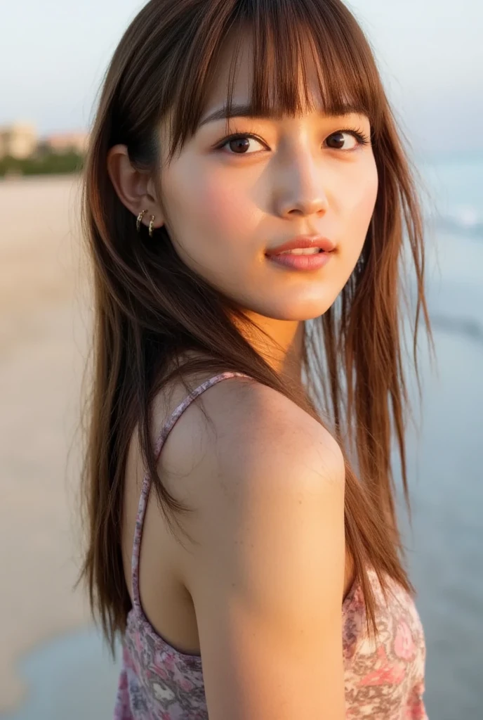 8k, highest quality, masterpiece, super high resolution, (realistic:1.4), RAW Photos, (Film Grain:1.3), One Girl, portrait of a skinny Japanese woman, 30 years old, standing on the beach, a cute face, detailed face, detailed eyes, {short|long} hair, correct body anatomy, wearing a see-through white dress, photogravure