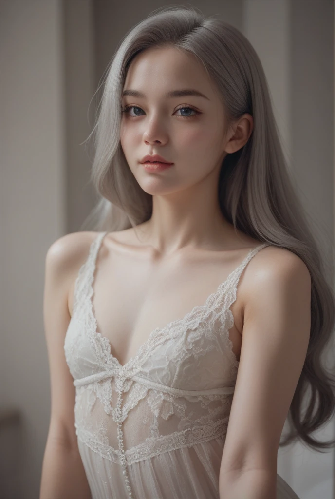 (chef-d'artwork, best quality: 1.2), (super detailed), (Illustration), super haute résolution, ultra delicate visage, delicate eyes, pupilles bleues, Finger details, fond d'screen, original, 1fille, messy white hair, Fines bretelles, jupe blanche, Jambes nues, Pieds nus, bras nus, Tout le corps, (surrounded by'éclaboussures et de points colorés), Colored bubbles, (brillant), fond simple