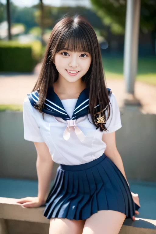(highest quality,masterpiece:1.3,Ultra-high resolution),(Very detailed、Caustics) (Realistic:1.4, RAW shooting、)Ultra-Realistic Capture、Very detailed、Natural skin texture、masterpiece、(junior high school sailor suit:1.3)、Short-sleeved sailor uniform、1 Japanese girl、Adorable expression、Expressions of Happiness、14 years old、Young Face、Amazingly cute、Twin tails、Curly Hair、Black Hair、Scrunchie、light makeup、Big breasts that look like they might burst、Bare arms、This photo was taken in a middle school classroom..、Shining thighs、Shooting from the side、smile、An inviting gaze、The exact number of fingers on each hand、Cowboy Shot、