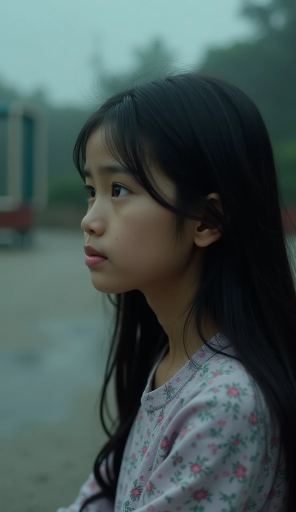 A 5-year-old Korean girl standing in a dark space, looking dazed