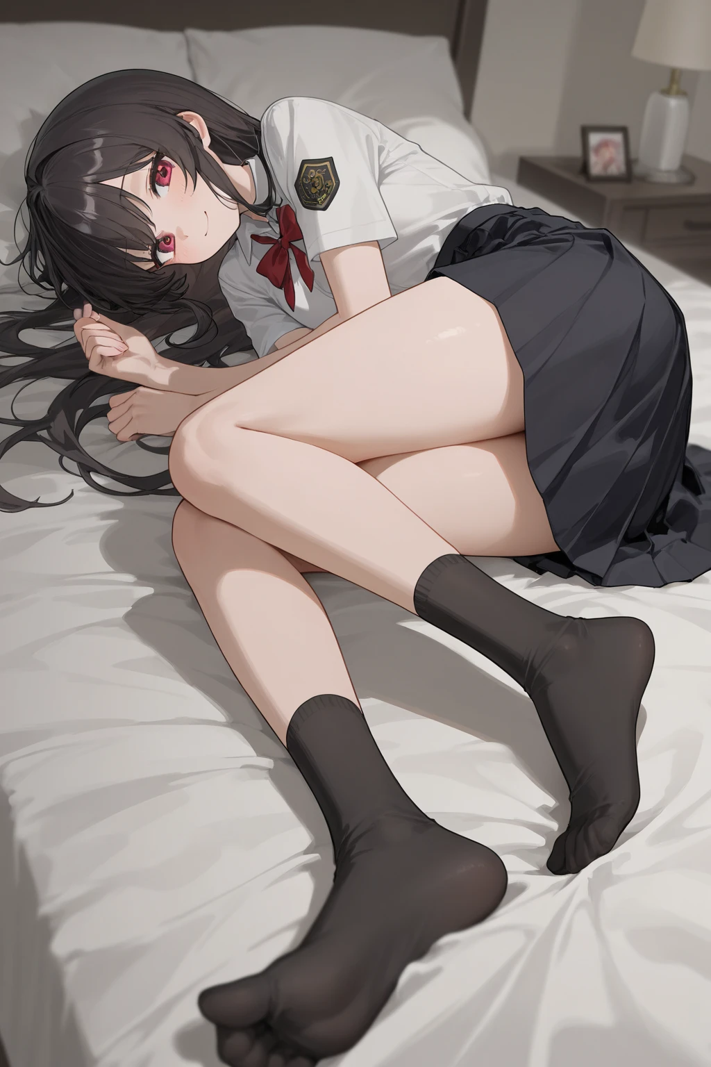check_9, check_8_up, check_7_up, check_6_up, check_5_up, check_4_up, source_アニメ, 1womanl, sleeping, BDSM, Bblack hair, loose hair, blindfold in her eyes, corda WW, rope handcuffs, Raise your hands, dirty hair, schoolar uniform, school shirt, overskirt, lingerie, white tights up to the thighs, thighs showing, tusk, lying on a bed, natta, sexly, Room, best qualityer, 4k uhd,