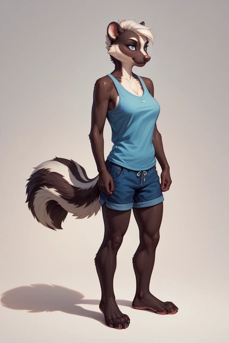 Solo, score_9,score_8_up,score_7_up, flat colors, source_cartoon, source_furry, a tall female spotted hyena, brown snout, black nose, brown eyes, short spiked undercut platinum blonde hair, black lips, hyena tail, brown hyena ears, naked, small breasts, athletic body, full body shot, standing, plantigrade, 4 toes