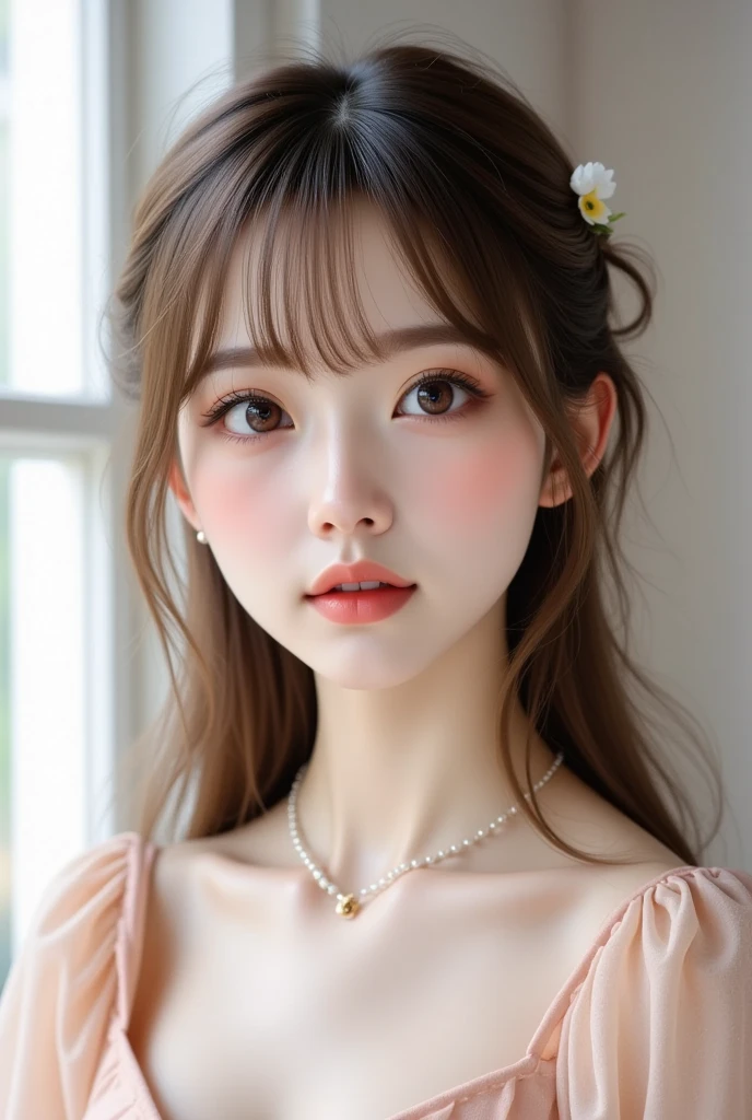 (close:1.4)、(RAW photo:1.2)、(realistic:1.4)、(masterpiece:1.3)、(highest quality:1.4)、one girl、(slender and beautiful girl)、Sexy and very beautiful lovely gorgeous face、the most beautiful face in the world、(detailed and beautiful eyes)、(charming big eyes)、(beautiful double eyelids)、(beautiful and detailed face)、natural makeup、long eyelashes、(full body shot)、alone、(shirt with buttons、open shirt:1.2)、See-through、No bra、beautiful clavicle、Medium chest、beautiful breasts、(cleavage)、(erect nipples:1.2)、(short bob:1.2)、view audience、gentle smile、natural makeup、obscene、erotic
