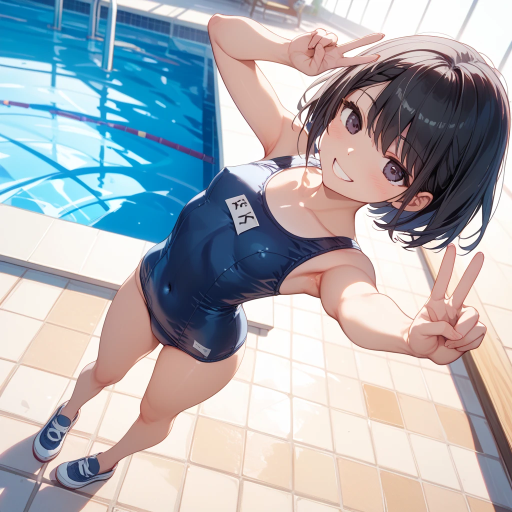 nsfw,Tabletop, Highest quality, Ultra-detailed illustrations,Beautiful artwork,One Girl、alone,(Navy school swimsuit:1.2),(Black hair color),(ponytail),(Big smile:1.5),(tsurime),(Please open your mouth wide),(Cowboy Shot),(Bright sky:1.3),(Jumping),(swimming pool:1.2),(From below),(Raise the hand),(Underarm) ,Small breasts,