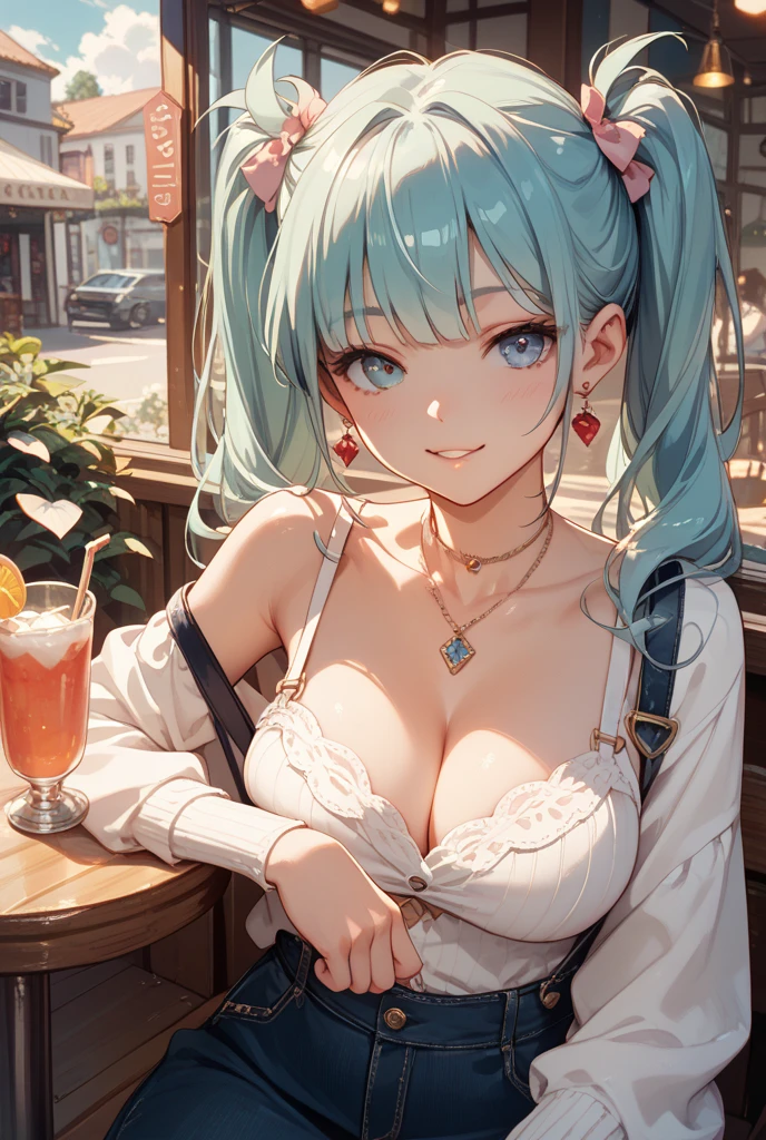 1girl, bluenette hair, light blue hair, next door girl, morning, coffee to go, soft smile