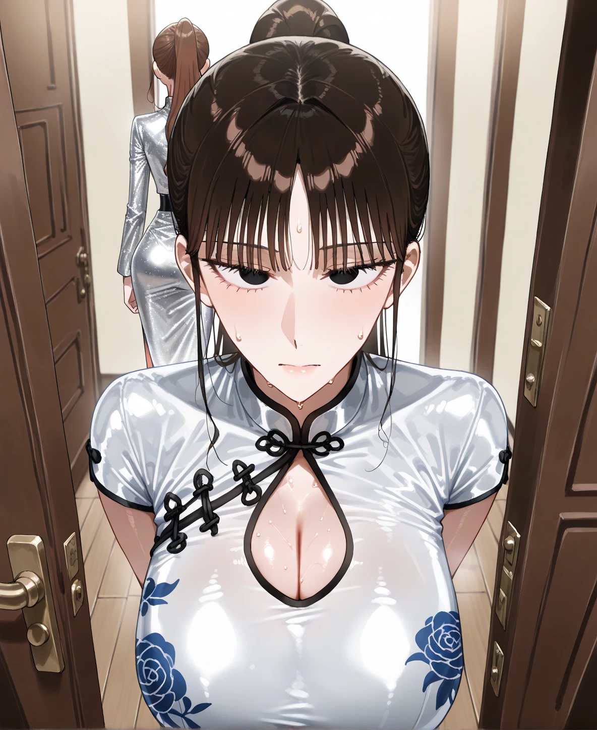 Period drama manga style A 15-year-old super beautiful Chinese young lady with black hair in a bun cut wearing a super shiny red long-sleeved Chinese dress She is given a physical exam and her nipples are examined.