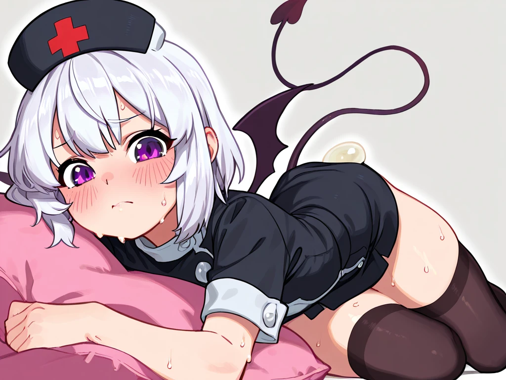 Duo, Female and Male, (Anthro cat, white fur, Long white hair, Pink eyes, Gold glasses, Maid shirt, Maid skirt), Detailed background, Bedroom background, Laying down on bed, Hands in front, Hands tied up with tape, Tape mouth gag, Legs tied up with tape, breasts exposed, small breasts, nipples, skirt lift, pussy exposed, Female and Male having sex, Penis inserted into pussy