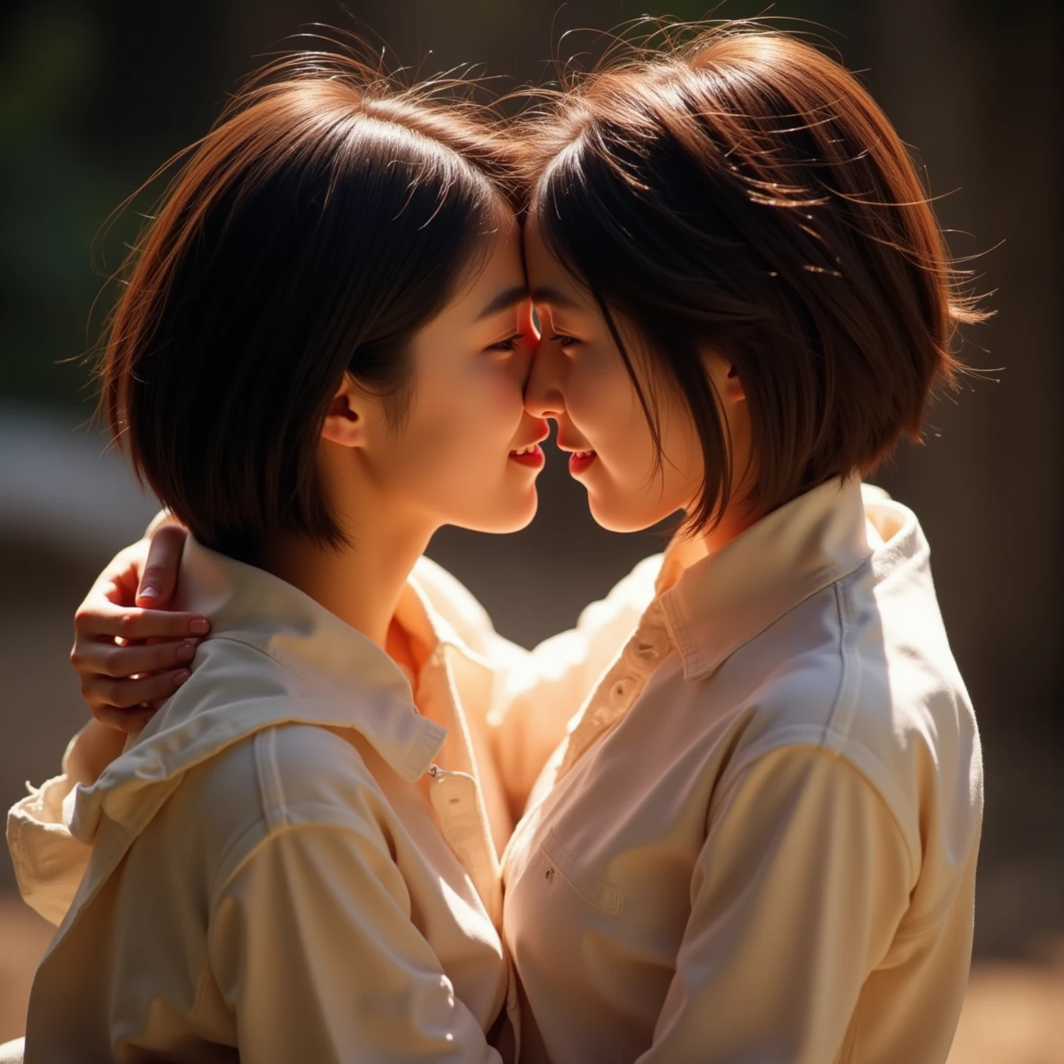1girl, 1boy, sensitive innocent hugs, kiss_on_forehead, , fuji, hanami, hdr, bokeh, 200mm lens, pastel