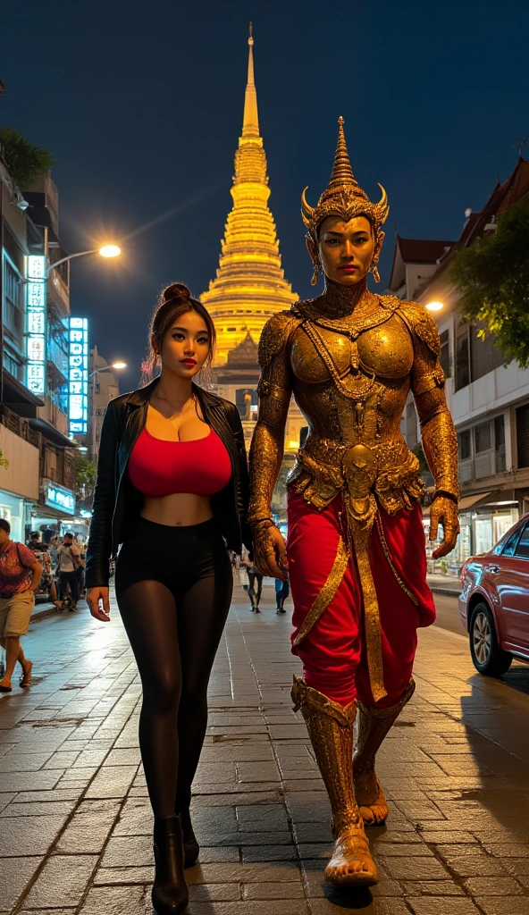 Create a digital artwork depicting a surreal scene where a heavily tattooed giant with traditional Thai motifs takes a selfie by a pool. The giant has an intricate mask and wears traditional attire, exuding a blend of mythological and modern elements. A modern, stylish woman in a black bikini stands next to him, posing confidently. In the background, there are palm trees, a clear blue sky, and a statue that resembles the Statue of Liberty, adding a fantastical twist to the setting. The overall atmosphere should combine elements of ancient mythology with contemporary culture, highlighting the contrast and harmony between the two.