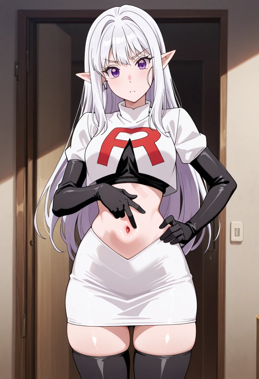 1girl,blue-purple eyes,large breasts,albionsuccubus,bat wings, team rocket,team rocket uniform,white skirt,red letter R,crop top,black thigh-highs,black elbow gloves
