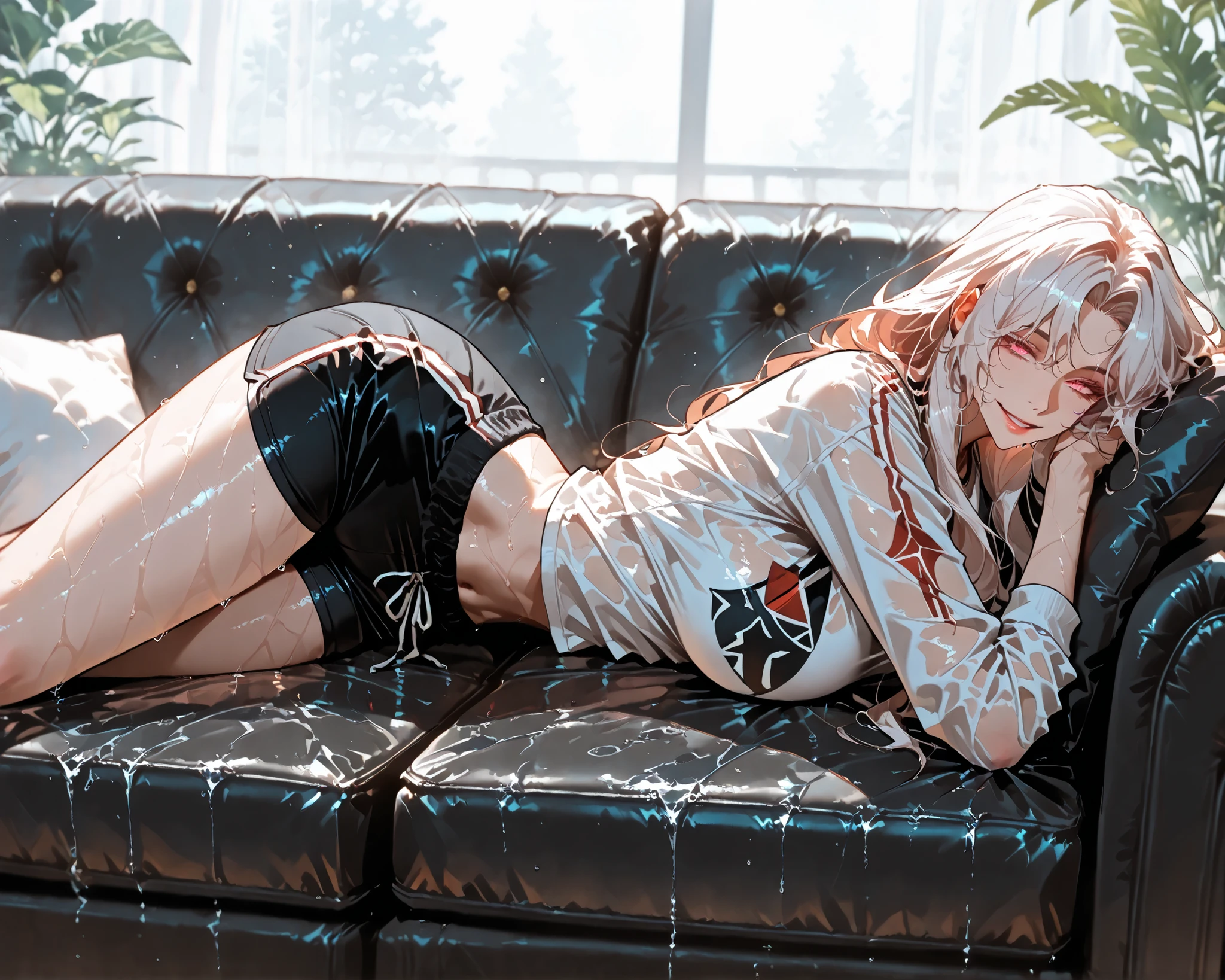 (SuperQuality:1.0) ~ (SuperQuality:1.2), detailxl, 1girl, High Resolution, Best Quality, High Details, Super Detailed, couch, YurnethSyd, pale red eyes, white hair, long hair, Large breasts, White Shirt, Black sport shorts, laying on the couch, Wet, Seductive Smile, side view, looking at viewer,