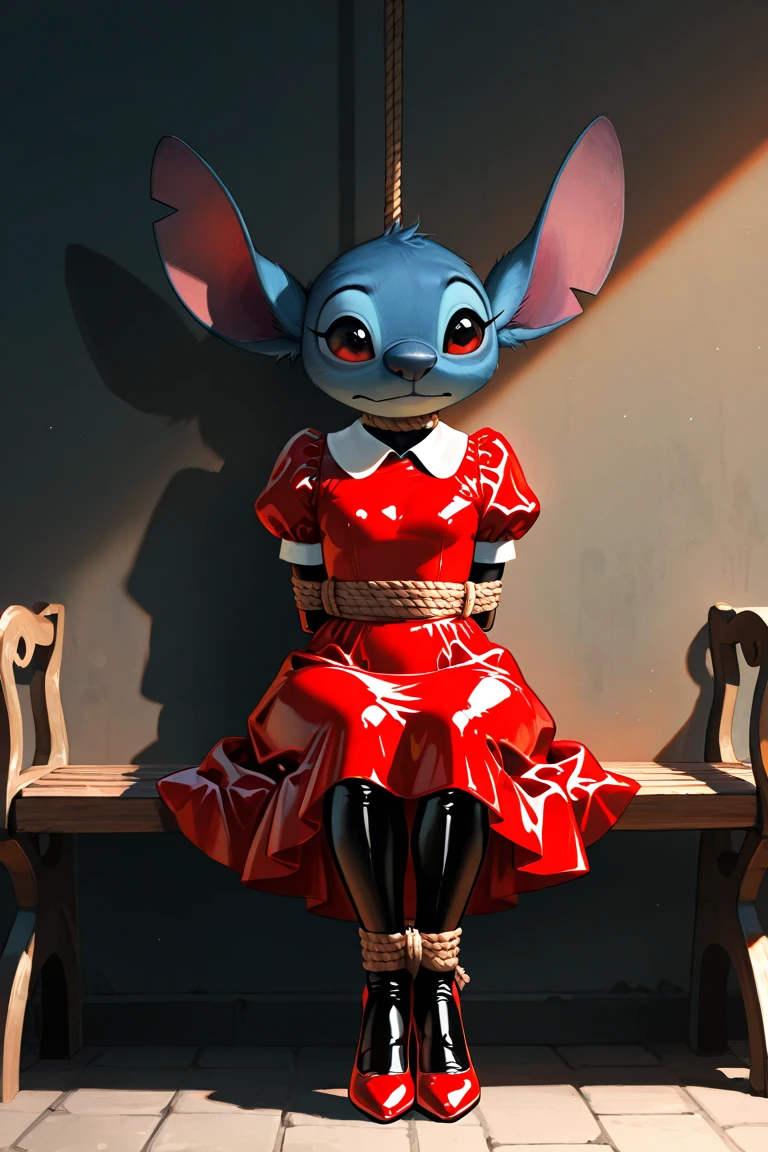 Minnie Mouse, 1girl, best quality, masterpiece, highres, extreme detail, (Disney 2d artstyle,:1.2),cell shading, mouse character, bikini top, flat torso , cartoon, black skin, big round ears, at the beach, red short skirt, white gloves, 5 toes,toe nails, tied ankles together, tied arms, Focus full body, Sit on a chair, barefoot 