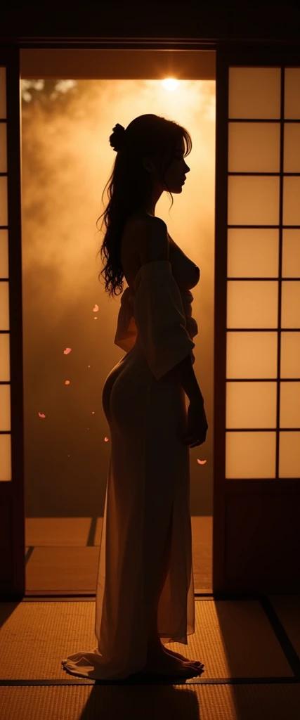 Silhouette of a sexy seductive samurai woman tied with a rope around her waist. Around the mouth is a red rope with a butterfly. 8K monochrome. Dreamy starry night. Meteor light.. Aesthetic fantasy art, detailed work