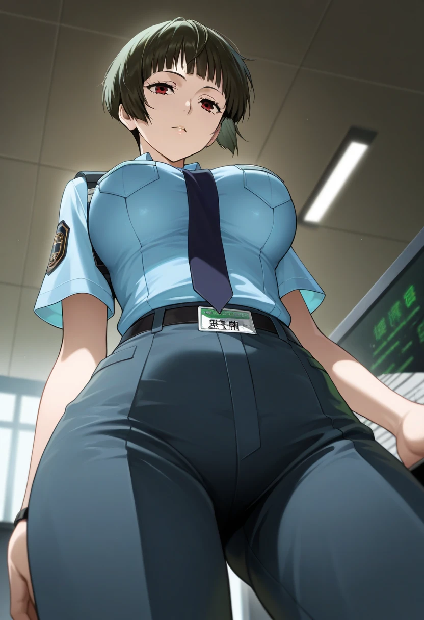 A Female mature robot loves herself. she wears nothing. Her Brown very short pigtails is tied with two big red clothespins, mature, android, blue eyes, full body, Height: 160cm, flushed cheeks, sweat bucket. full body shot, looking straight. Her smile is complete.
