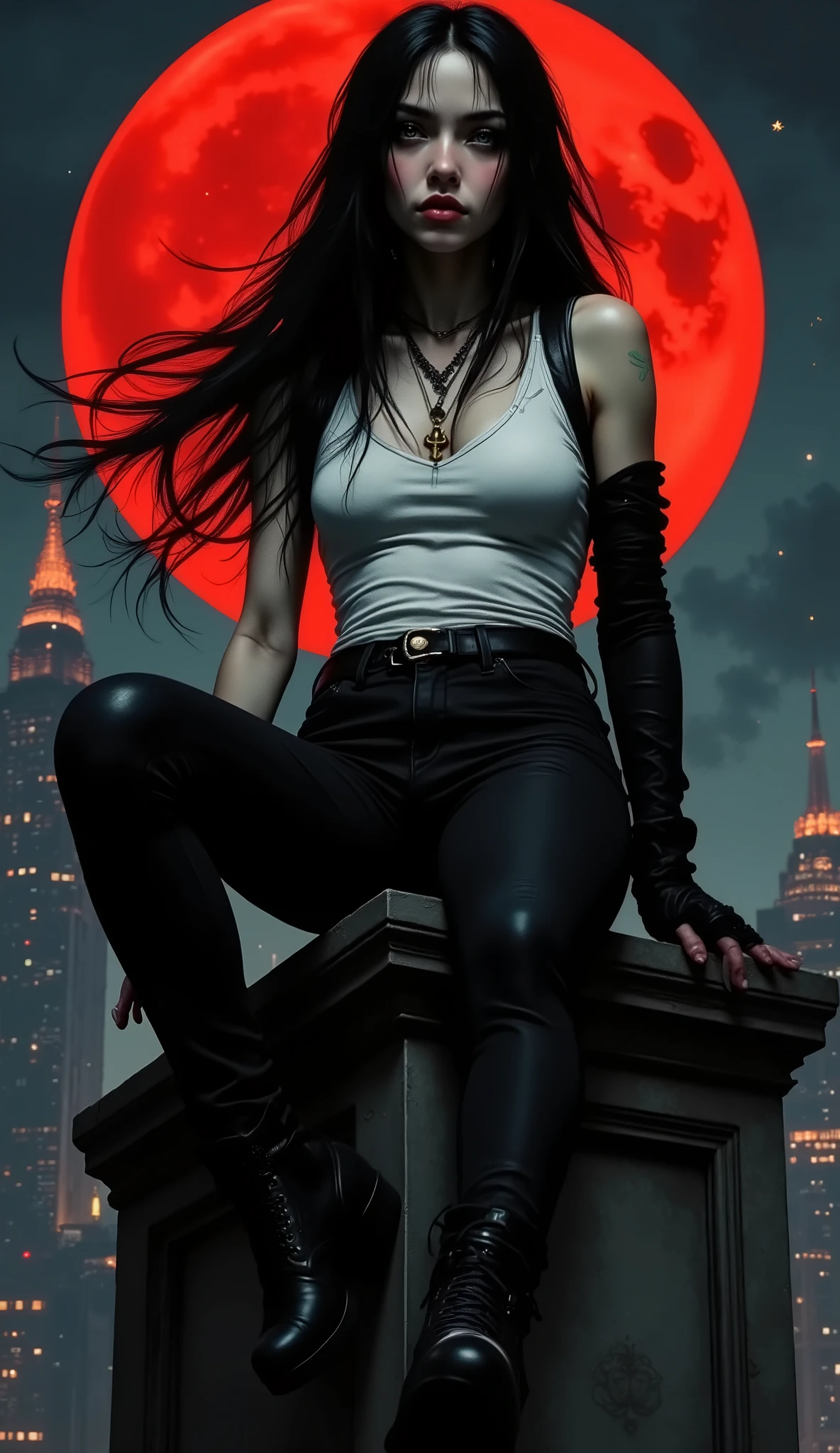 Whimsical goddess of death with infinite power and the compassion for all in the guise of a Young pretty goth girl with black pants, white tank top and ankh necklace, smiling impishly city, sitting on top of an old mausoleum at night with a full moon with leg dangling off top dynamic movement, bleaked red and black, a Vintage casual goddess inside of circle, looking curious, By Yoji Shinkawa,
