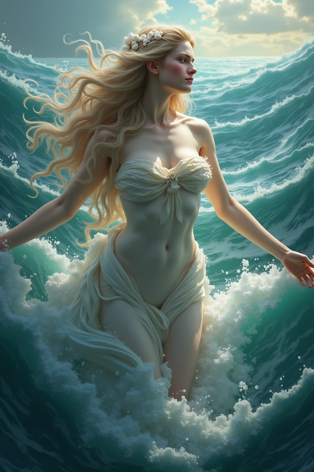 oil painting beautiful nude ( smiling:0.7) blonde, everything is visible, on the beach , beautiful azure sea waves with foam , storm, Clouds, masterpiece, definition , highest quality, hair flutters in the wind, Epic, fantasy