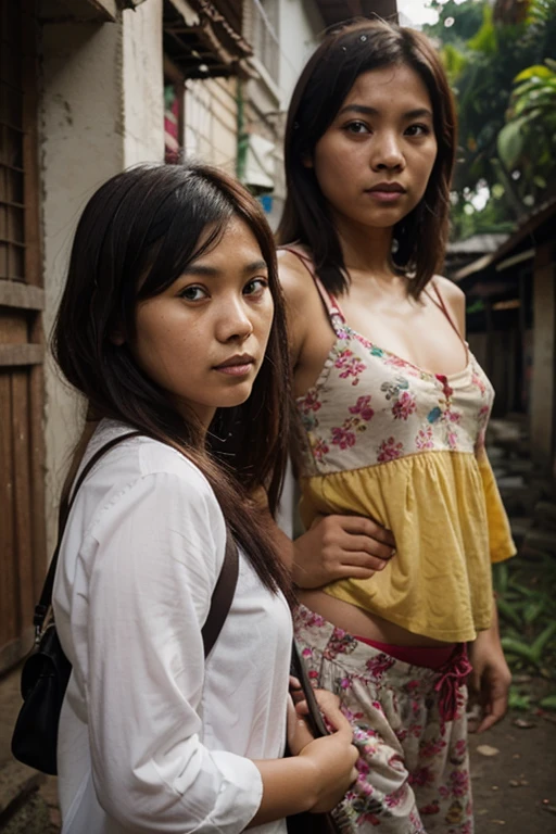 Two malay girl in hijab lost in fantasy jungle, beautiful face, nude body, carry backpack, hiking, torn outfit, ripped outfit, wear sweater and tight pink leggings, scared face, scared expression and body language, sweating, cinematic lighting, professional photography, ultra realistic face, bright cinematic lighting,