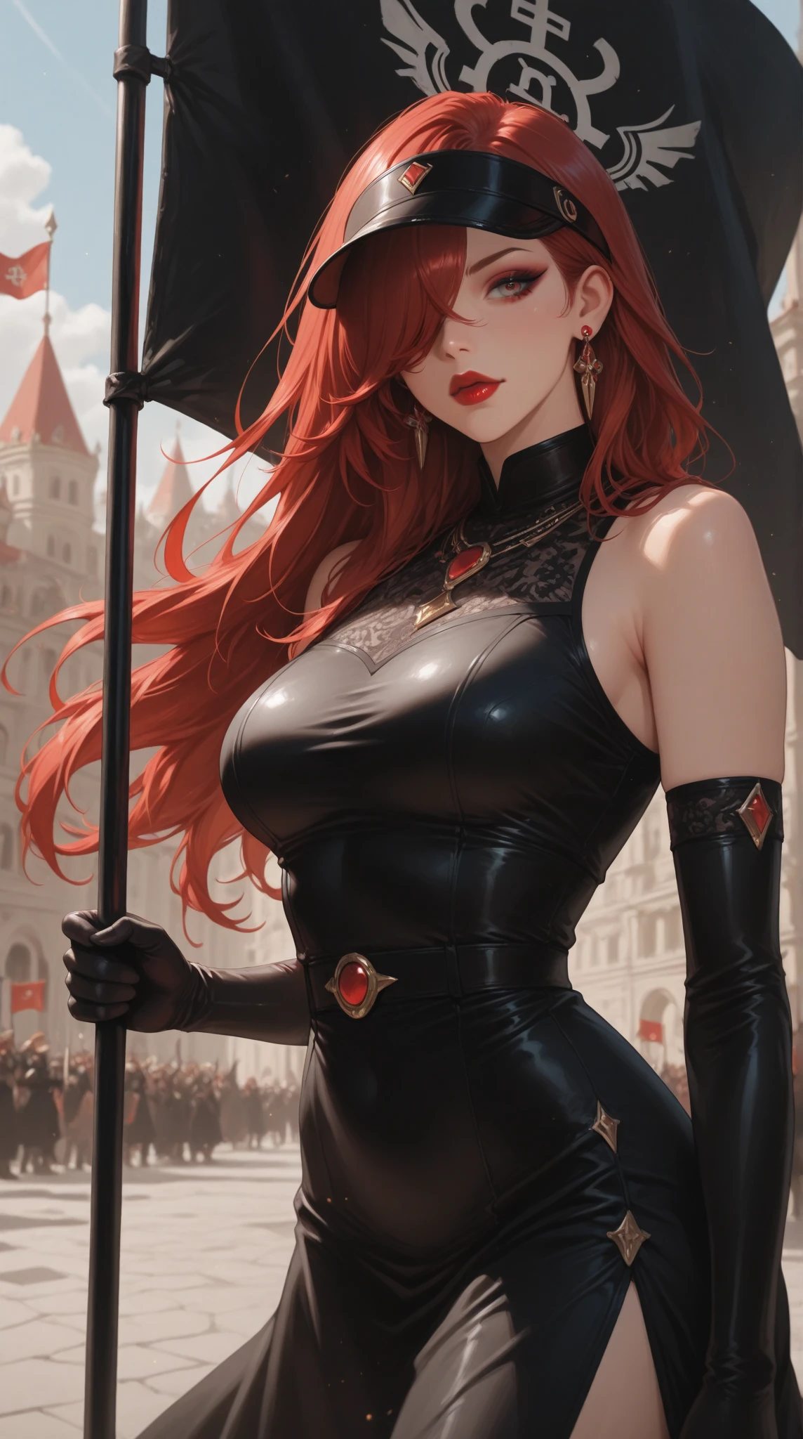 A beautiful and wonderful vampire woman, extremely detailed, short orange hair, wearing extremely detailed gothic armor, blue eyes in medieval public square, palace, crepúsculo, 8k, linda, sacerdotisa, crepúsculo, entardecer, vampira.