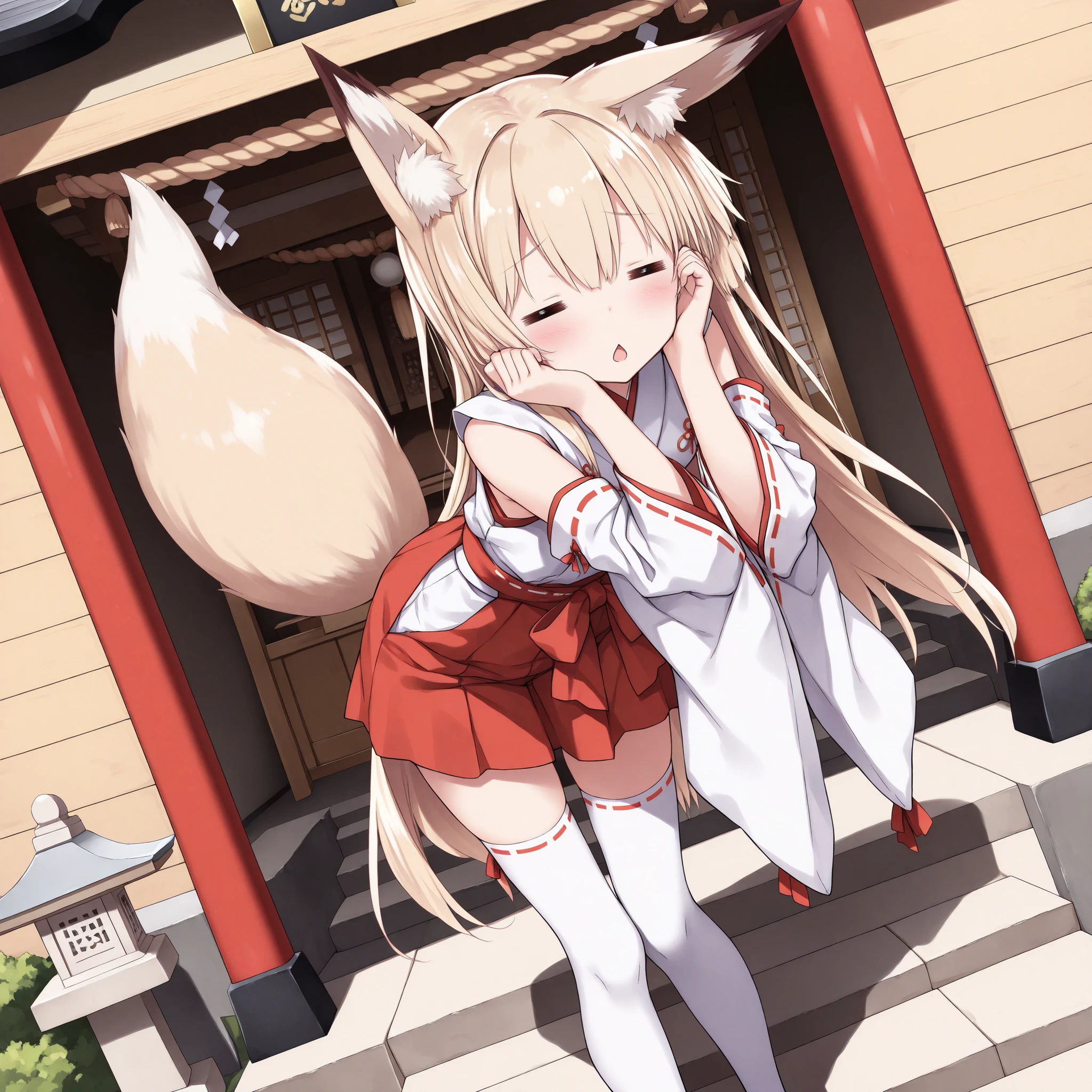 ((Highest quality)), ((masterpiece)), (be familiar with), Perfect Face, Big eyes, Drooping eyes, eyelash, The sparkling light of the eyes , Blonde, Fox ears, japanese shrine maiden, (pink mini skirt), white thighhighs, nontraditional miko, bare shoulders, (intricate detailed white satin panties), Sitting, (knees together feet apart), whole body, medium breasts, smile, closed mouth