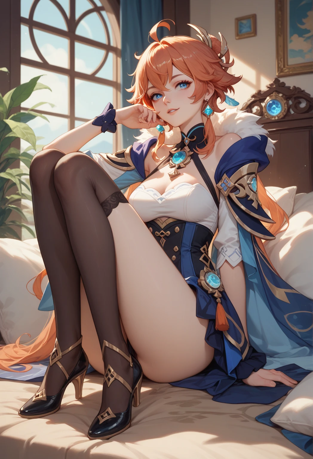 league of legend female character, hyper league of legend art style, harpy idol, ((sundress, earring, glasses, tie, brooch, silk legging)), ((buns hair style, love shape pupil, deer make-up, perfect body shape)), (charming aura, flying windy effect), (masterpieces, fantasy world, hyper resolution), upper sky background