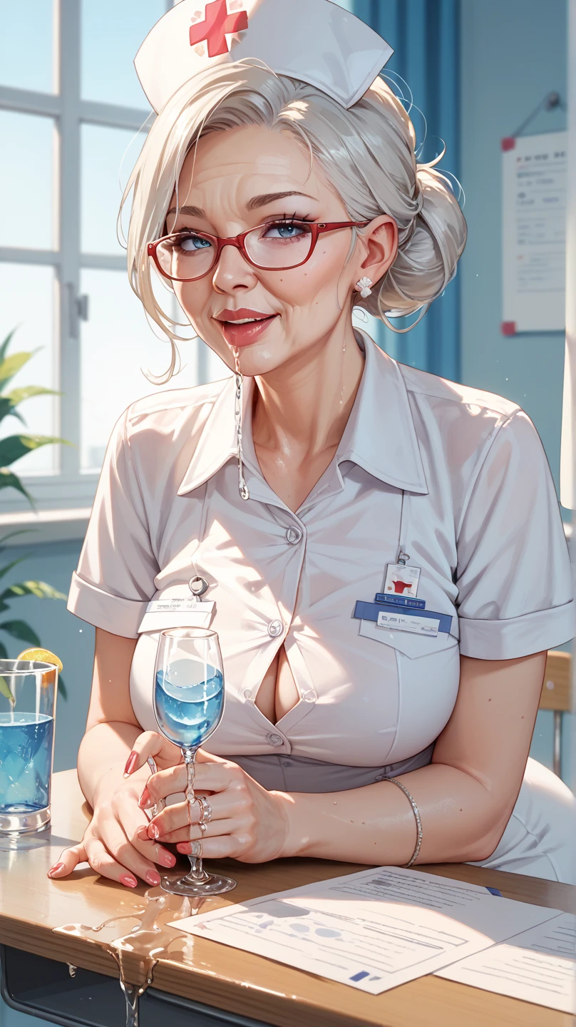 70 years old, attractive woman, silver hair, eyes, huge tits, "DD" size breasts, bare breasts, huge sexy ass, wearing a translucent sexy nurse uniform, see-through uniform, is in the kitchen, clean, slight smile, clenched teeth, dim lighting, very high detail, high dynamic range.